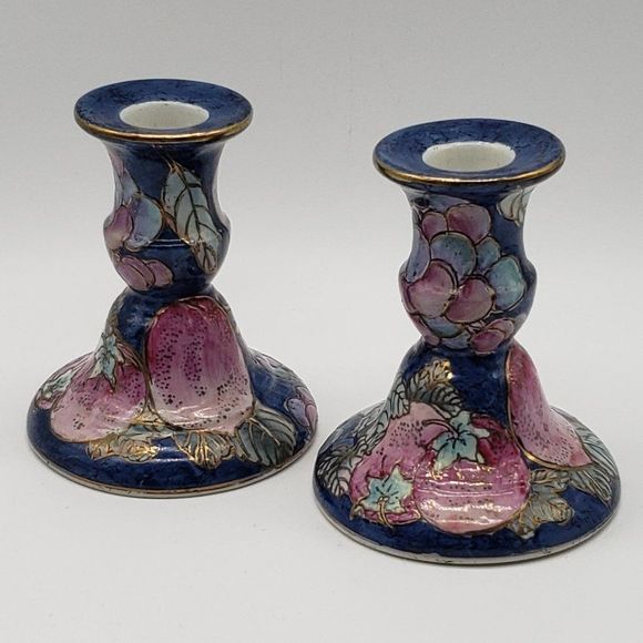 Toyo Porcelain Hand Painted Lilac Blue Gold Fruit Candle Holders - Picture 12 of 12
